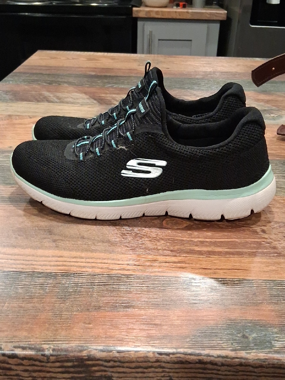 Skechers Black Slip-On Knit Sneakers with Mint Accents